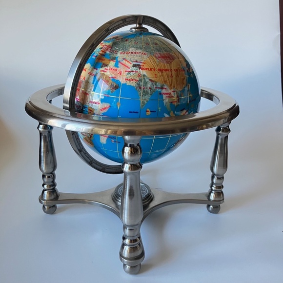 Vintage Gemstones World Globe: Lapis Lazuli Ocean, Silver Metal Stand, Compass - Picture 11 of 17